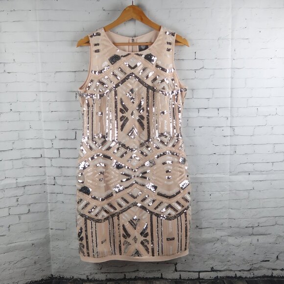 VINCE CAMUTO PALE PEACH WITH SEQUINS SLEEVELESS MIDI PARTY COCKTAIL DRESS 12P - Picture 1 of 11